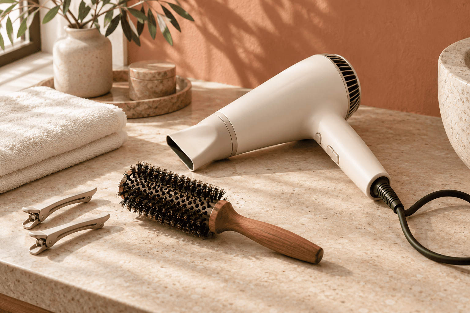 Ivoorkleurige föhn met netsnoer, ronde borstel en haarclips op een kaptafel
